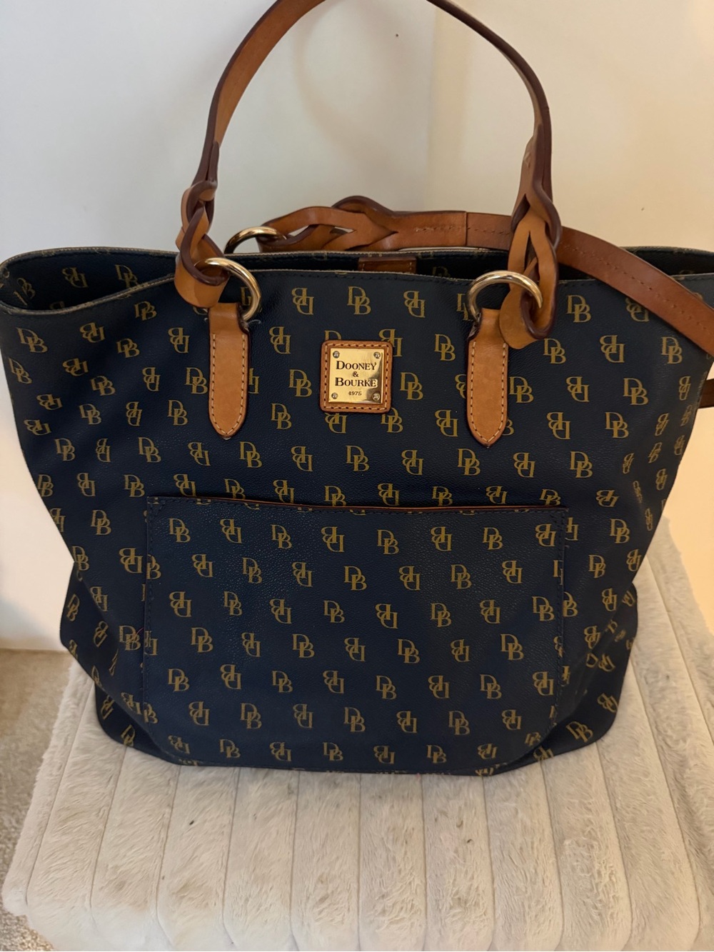 Dooney & Bourke Navy and Tan Signature Logo Tote with Front Pocket